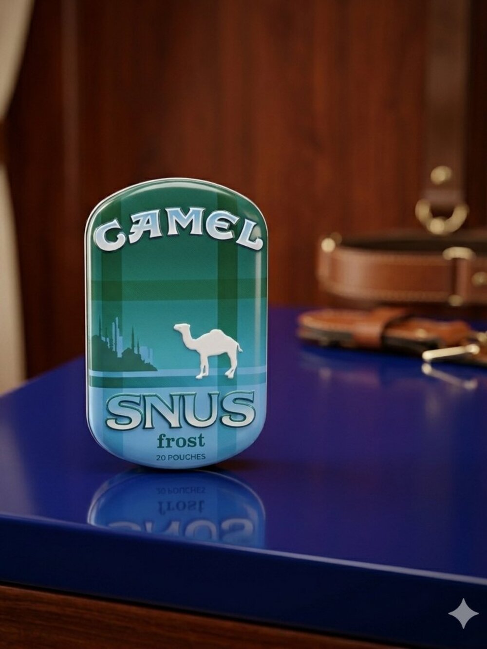 Camel Snus Frost Metal Tin blue/green, curved EMPTY Tobacco memorabilia